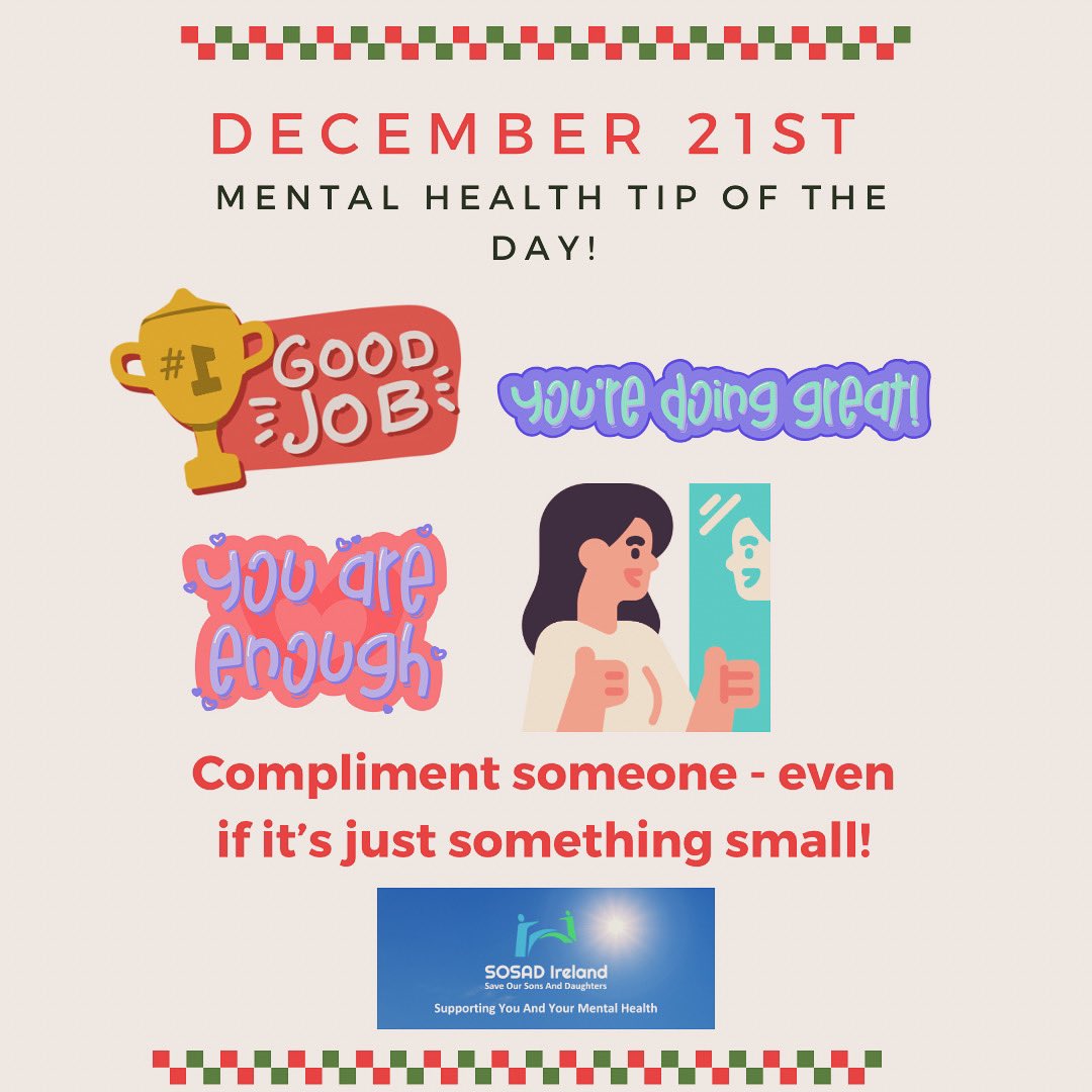 Day 21: Compliment Someone! 

Not only just for your own mental health, make someone else’s day too!! 

At SOSAD Ireland, we support YOU and YOUR mental health! 💙

#mentalhealthawareness #mentalhealthmatters #mentalhealth #compliments #sosadireland