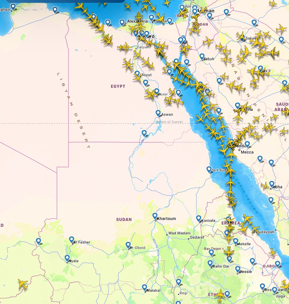 Carbon footprint of conflict has many dimensions. Of course the profligate use of weapons and fuel in war is immense but also the cost of extra miles traveled by commercial flights to avoid war zones - #flightradar #Sudan #Ukraine cc @ashoswai @PeterGleick @GlobalEcoGuy