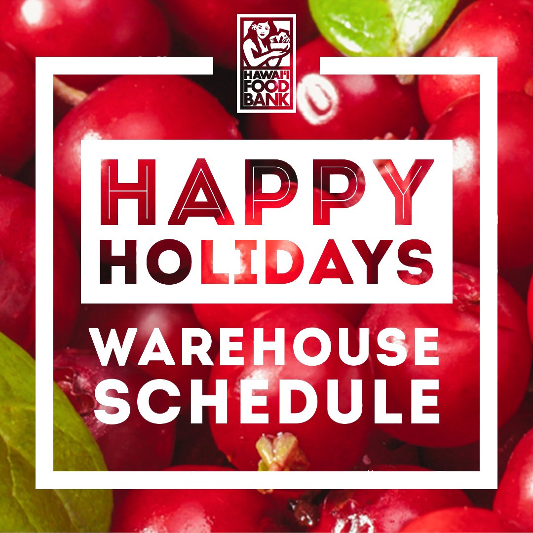 Aloha 🧡 Our warehouses will be closed during the holidays on Dec. 22, Dec. 25 and Jan. 1. We wish you a safe and healthy season with your ‘ohana. Mahalo to everyone for their support and happy holidays! 🌟 #HawaiiFoodbank #HappyHolidays #communitysupport