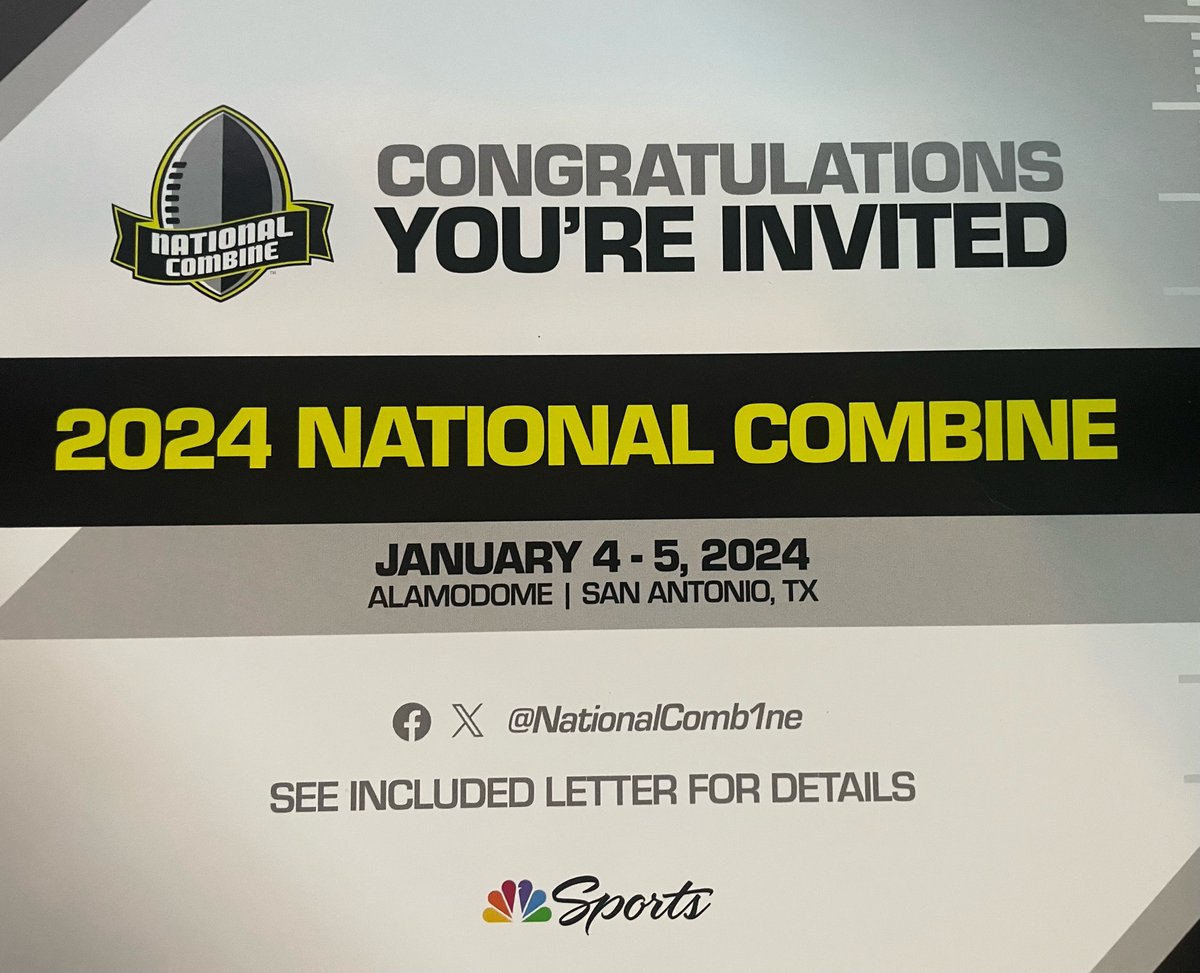 Honored to have received an invite from The 2024 National Combine in San Antonio TX Ready to compete at a national level in January! @AABonNBC @NationalComb1ne @stevequinnFBU @Dimitrioss_ @Prep_Football @CoachJustin10 @FpHellstern @ctpridefootball @FBUcamp @AWilliamsUSA