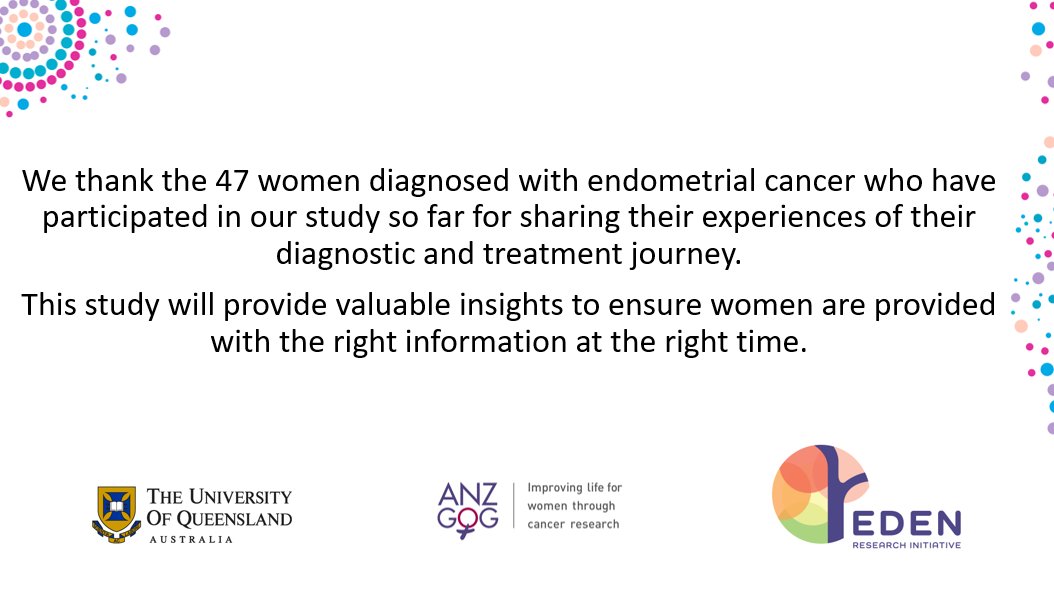 Our 'Endometrial cancer patient experience survey' is a collaborative project part of the @anzgog EDEN Initiative to address the significant unmet needs of #endometrial #cancer patients👏 @DrKathAlsop @AbbeyDiaz_says @susanjanejordan @CunningJoanHam, Bena, Britta and consumers.