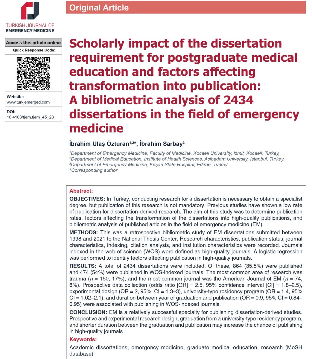 2023/4: Özturan and Sarbay Scholarly impact of the dissertation requirement for postgraduate medical education and factors affecting transformation into publication #TurkJEmergMed #FOAMed #MedEd #OriginalArticle @ozturanMD @ibrahimsarbay Full text: buff.ly/4anhjnb