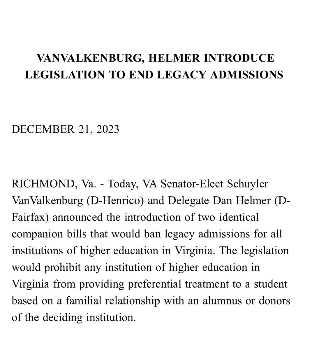 Today @HelmerVA and I introduced a bill to ban legacy admissions in Virginia colleges and universities. This will promote more fairness in Virginia universities and promote merit and upward mobility!
