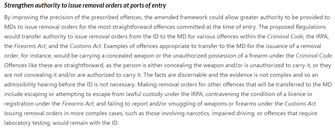 smeurrens's tweet photo. The Government of Canada is proposing regulations to make it easier for @CanBorder to issue deportation orders for persons who commit certain offences on entry to Canada, no longer requiring the matter to be referred to the Immigration Division. 

They are at the same time narrowing the list of offences that can result in a removal order. For instance, failure to declare personal goods, such as groceries, under the Customs Act would no longer be sufficient grounds under which a removal order could be sought.

https://t.co/DfbpaOByf0