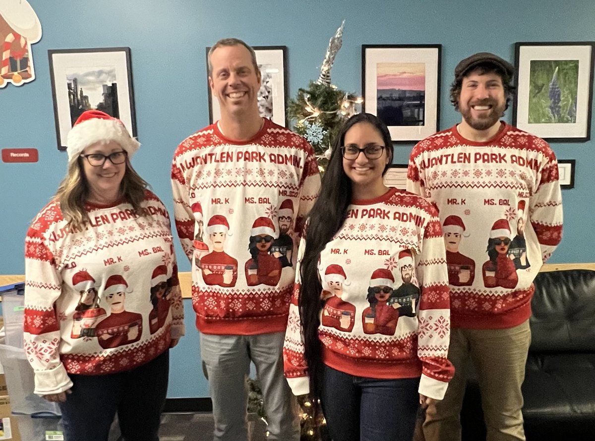 MrsOcc's tweet image. Nothing says “ugly sweater day” like a custom sweater featuring the likenesses of our fabulous faces!  Happy holidays on behalf of my amazing team ⁦@EcoleKwantlen⁩ to you and yours. ⁦@Surrey_Schools⁩