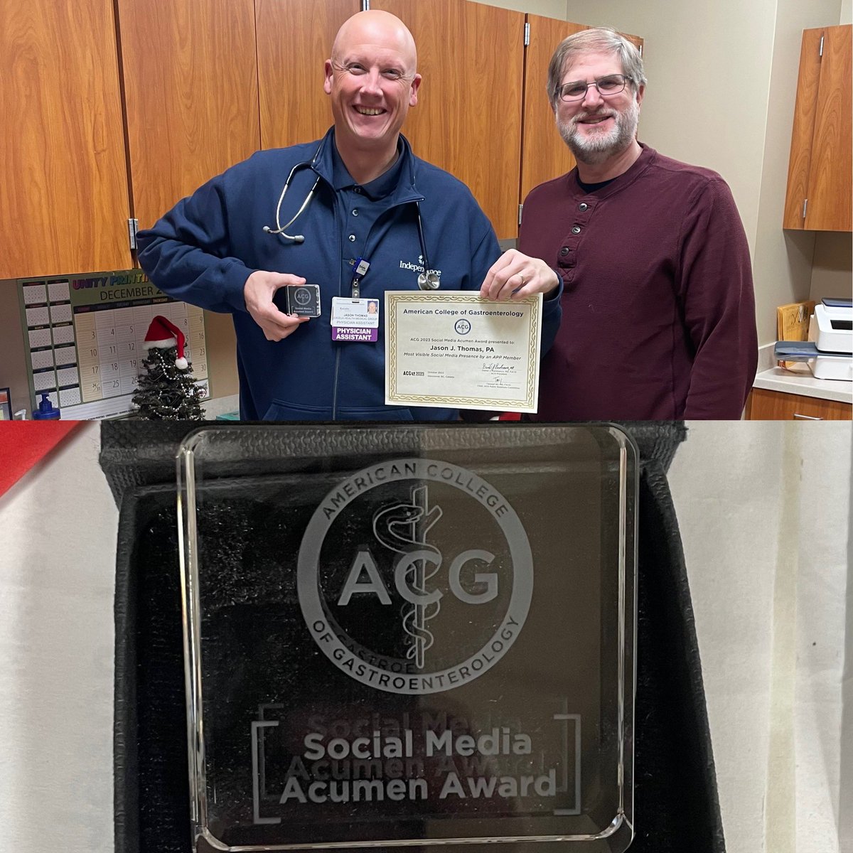 Always a great day when Doug Klions is in the house & some hardware arrives! Thanks to the ACG (@AmCollegeGastro ) for choosing me as their advanced practice social media acumen award recipient for 2023!