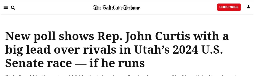 📊 2024 Utah Senate GOP primary poll commissioned by pro-Curtis PAC. John Curtis: 40% Brad Wilson: 11% Trent Staggs: 6% --- Undecided: 43% — Favs: Curtis: 47-13 (+34) Wilson: 21-12 (+9) Staggs: 9-7 (+2) — 11/28-12/05 | 600 LV | MoE: ±4% sltrib.com/news/politics/…