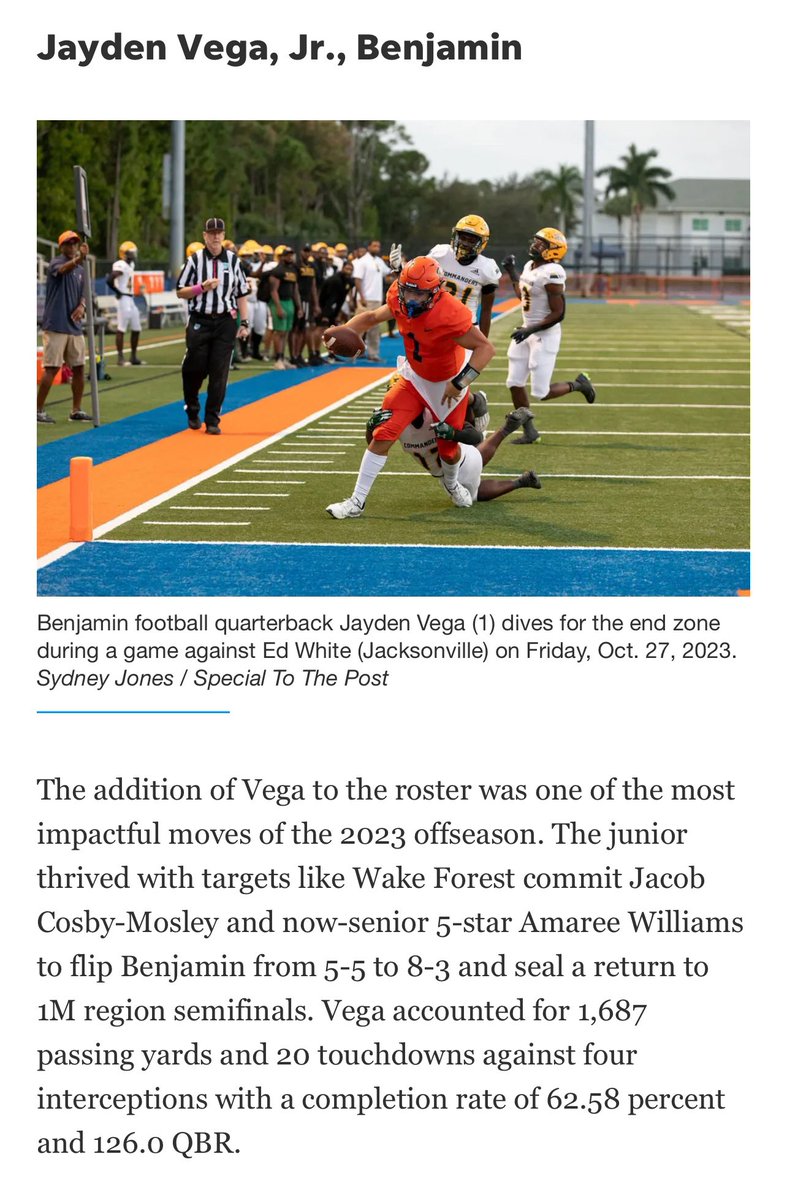 Jayden Vega (@jayden__vega) on Twitter photo Honored to be selected 1st Team All-County and nominated for offensive player of the year. <a href="/BenjaminBucsFB/">Benjamin Football</a> <a href="/EricKresser/">Eric Kresser</a> <a href="/pbpost/">The Palm Beach Post</a> Honored to be selected 1st Team All-County and nominated for offensive player of the year. <a href="/BenjaminBucsFB/">Benjamin Football</a> <a href="/EricKresser/">Eric Kresser</a> <a href="/pbpost/">The Palm Beach Post</a>