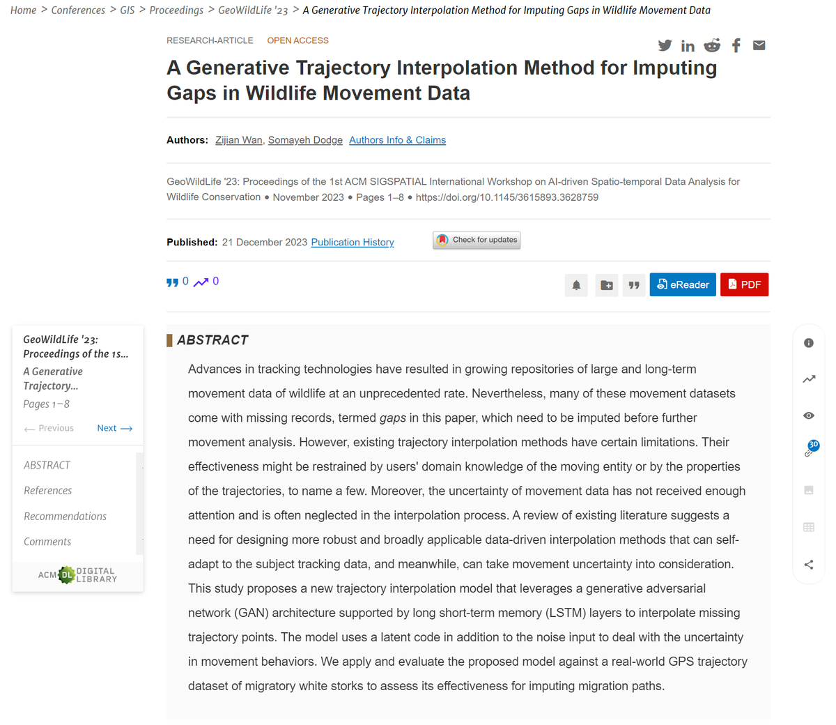 New paper: Wan, Z. & Dodge, S. (2023). A Generative Trajectory Interpolation Method for Imputing Gaps in Wildlife Movement Data. In 1st ACM SIGSPATIAL International Workshop on AI-driven Spatio-temporal Data Analysis for Wildlife Conservation (GeoWildLife ’23), November 13, 2023.