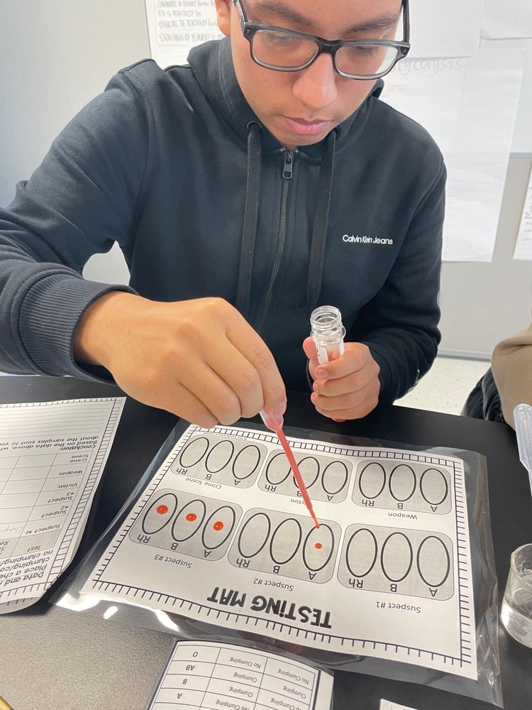 Mr. Okpych’s SUPA Forensic classes were conducting a Blood Typing Lab in order to uncover the prime suspect out of three possibilities. They also used blood typing to positively prove that the connection between the victim and the weapon. #WHe