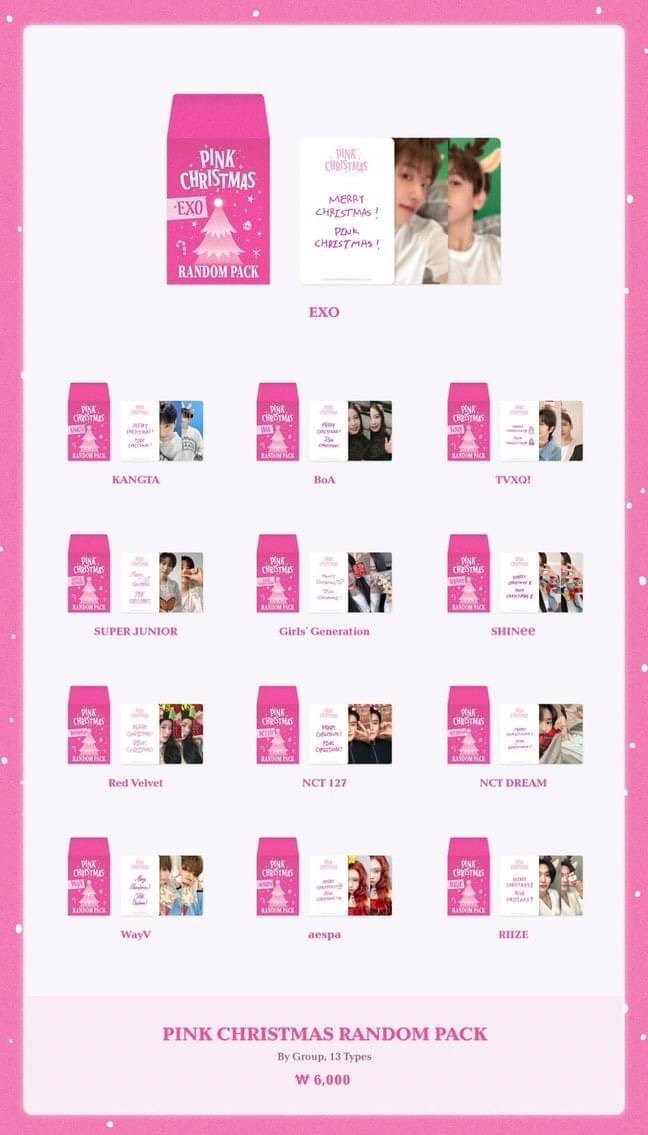PRE SALE MD PINK CHRISTMAS RANDOM PACK LEBIHAN CHECKOUT

Sisa :
- NCT 127 24pcs
- Riize 15pcs
- wayv 5pcs
- ⁠Redvelvet 1
- ⁠Aespa 1pcs

✨ Presale fix dapet
✨ Harga est bersih ina 90k-100k 
✨ Include packing
✨ Shipping xpress est 2 mingguan setelah dikirim web

DM for order