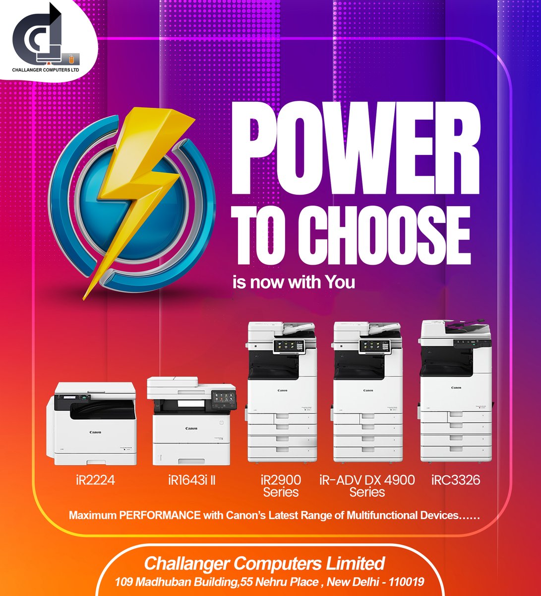 Maximum PERFORMANCE with Canon’s Latest Range of Multifunctional Devices……
#PowerToChoose is now with You

#MFDs #BusinessCanBeSimple #Printing #ColourPrinting #COLOURS #PowerToChoose #CanonIndia #CANwithCanon #DelightingYouAlways