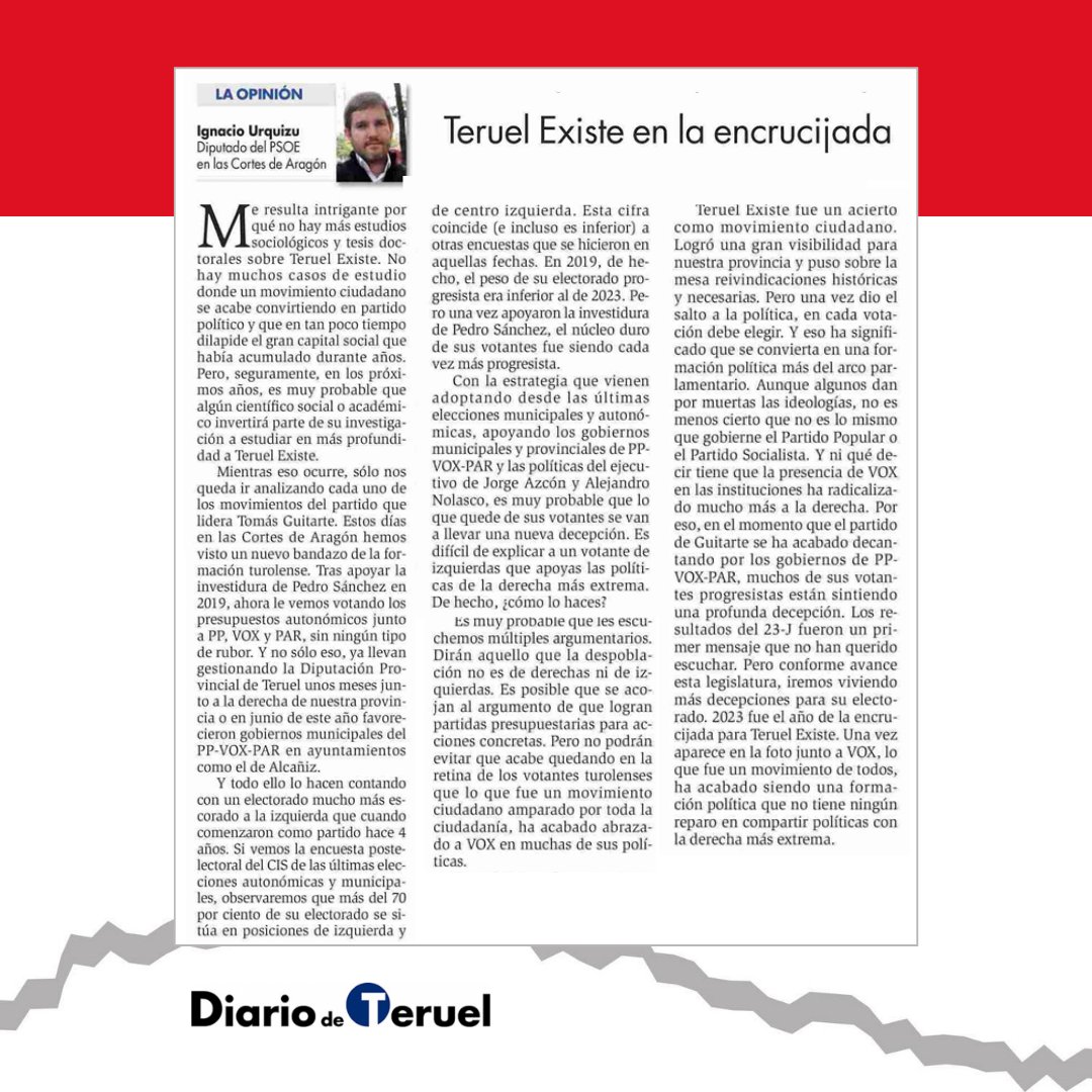 🖊️Artículo de opinión de @iurquizu en @diariodeteruel : 'Teruel Existe en la encrucijada' '...en el momento que el partido de Guitarte se ha acabado decantando por los gobiernos de PP-Vox-PAR, muchos de sus votantes progresistas están sintiendo una profunda decepción'.