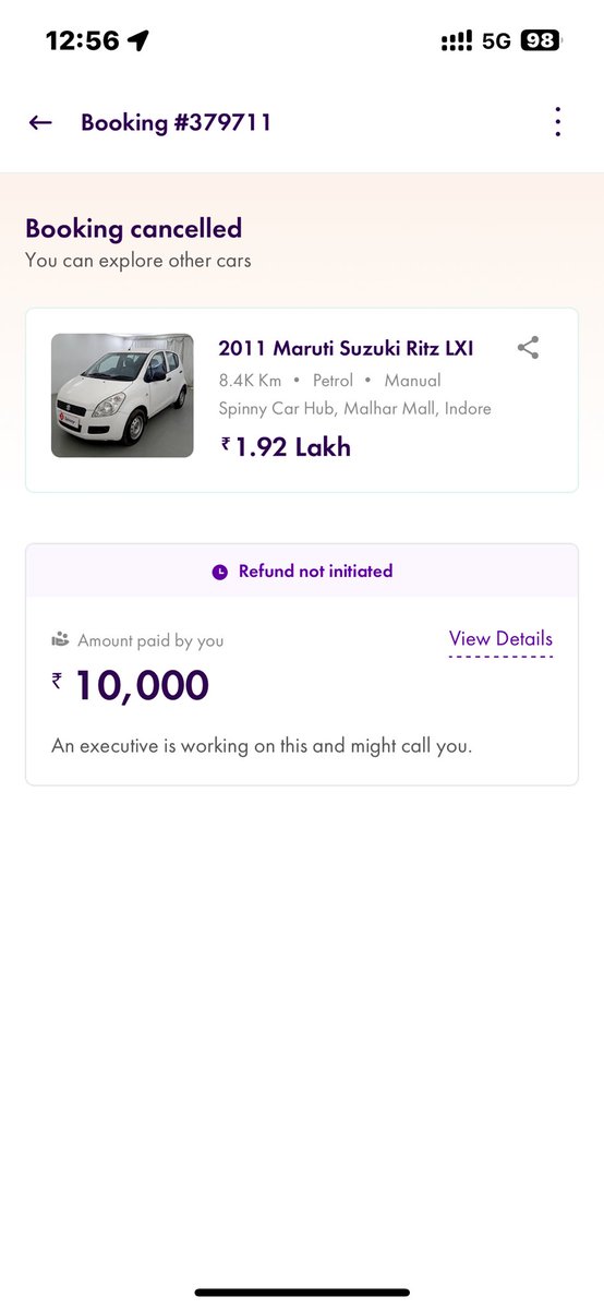 Dear <a href="/myspinny/">Spinny</a> I had cancelled my booking dated on 20/12/2023 but refund is not initiated till now . Please refund my amount of Rs. 10000/-. <a href="/SpinnyCare/">Spinny Care</a>