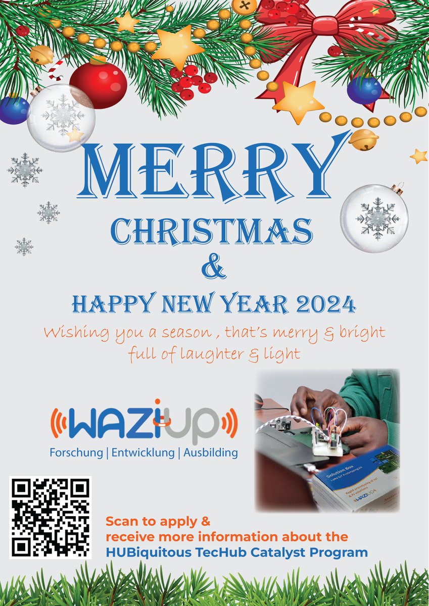 🎄✨ Happy Holidays from Waziup e.V.! ✨🎄 Wishing you joy, love, and inspiration this festive season! 🌟 May the New Year bring exciting opportunities and success. Thank you for being part of the Waziup e.V. community. #happyholidays2023 #merrychristmas2023 #happynewyear2024