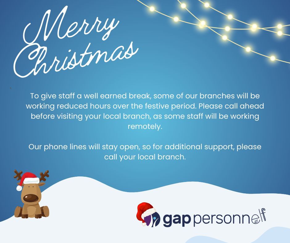 Our superhuman recruiters will be taking a well deserved break over the festive period, meaning we'll be operating at reduced hours for any in-person enquiries you may have 👋 However, don't fear - you can still give us a call on any of our usual branch numbers!