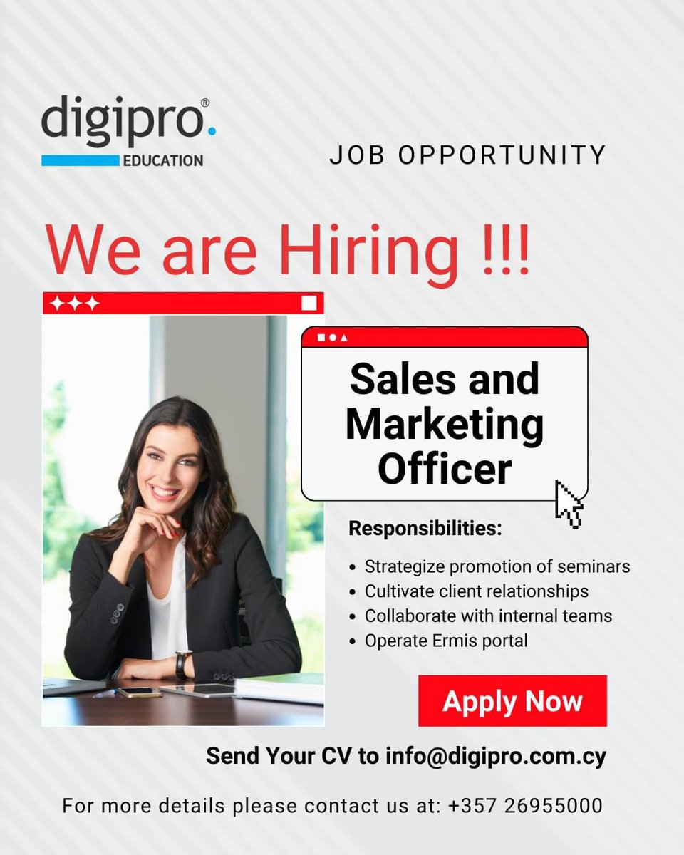 digiprocc's tweet image. We are seeking a dynamic and results-oriented 𝐒𝐚𝐥𝐞𝐬 𝐚𝐧𝐝 𝐌𝐚𝐫𝐤𝐞𝐭𝐢𝐧𝐠 𝐎𝐟𝐟𝐢𝐜𝐞𝐫 to join our team and play a key role in promoting our funded 𝒑𝒓𝒐𝒇𝒆𝒔𝒔𝒊𝒐𝒏𝒂𝒍 𝒂𝒏𝒅 𝒆𝒅𝒖𝒄𝒂𝒕𝒊𝒐𝒏𝒂𝒍 𝒔𝒆𝒎𝒊𝒏𝒂𝒓𝒔. For more visit: digipro.com.cy/careers
#hiring