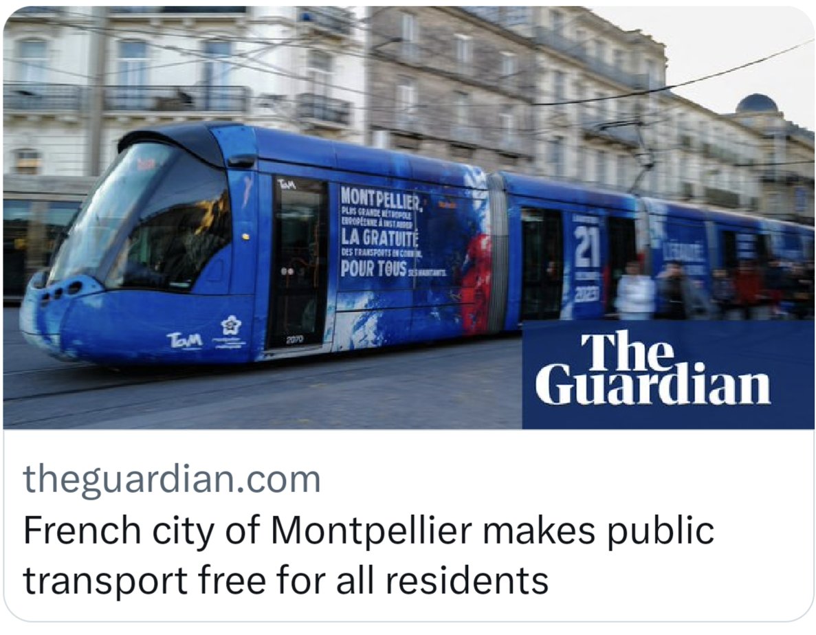 🇫🇷 Montpellier is the latest place to offer free #PublicTransport to reduce emissions. 🚊 Policies like this tackle inequality, reduce congestion and bring down emissions. 🟢 It's good for society, our health and the planet.