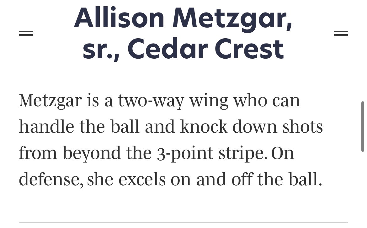 CCHS Girls Basketball Parent Club (@crestgirlshoops) on Twitter photo Thank you for the recognition of our hardworking guard <a href="/allison_metzgar/">Allison Metzgar</a>!
<a href="/CLSD_Schools/">Cornwall-Lebanon SD</a> <a href="/CCHSFalcons/">Cedar Crest Athletics</a> Thank you for the recognition of our hardworking guard <a href="/allison_metzgar/">Allison Metzgar</a>!
<a href="/CLSD_Schools/">Cornwall-Lebanon SD</a> <a href="/CCHSFalcons/">Cedar Crest Athletics</a>