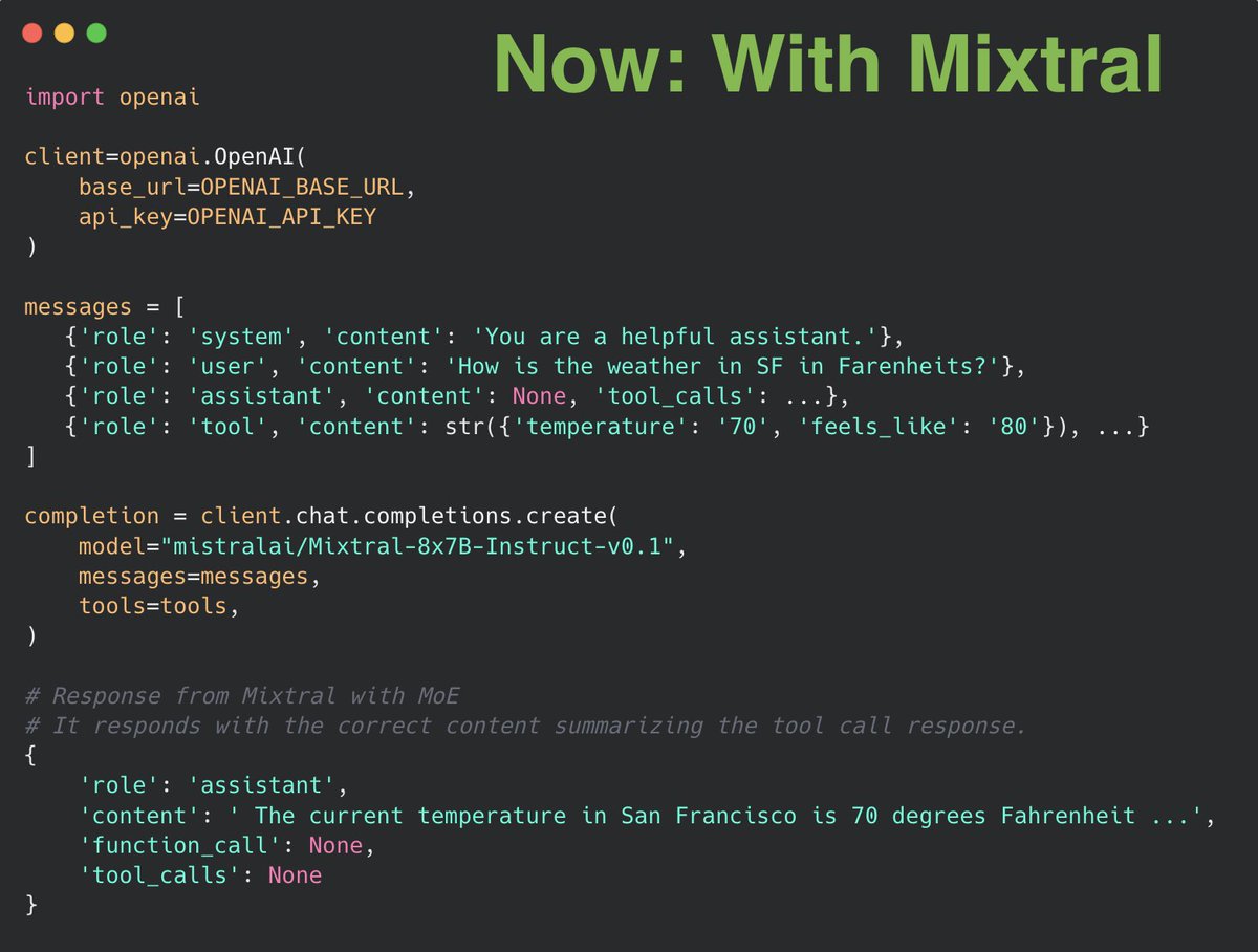 🔥 Mixtral-8x7B JSON Mode and Function Calling API is now available on Anyscale Endpoints! Empirically, we observed noticeable improvements in response to tool messages by Mixtral MoE, compared @MistralAI 7B. 🚀 👇 Try it out: app.endpoints.anyscale.com