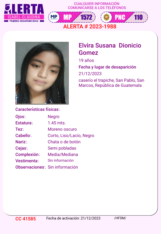 isabel_claudina's tweet photo. #AlertaIsabelClaudina
📷 Ayúdenos a encontrar a
ELVIRA SUSANA DIONICIO GOMEZ
Desapareció el 21 de diciembre de 2023
Cualquier información comunicarse al teléfono 📷 1572
Gracias por difundir esta información📷 https://t.co/BoCvuZWmnB