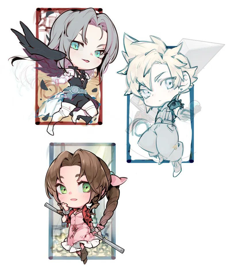 aerith gainsborough ,cloud strife ,sephiroth parted bangs chibi bangs multiple boys 2boys shoulder armor armor  illustration images