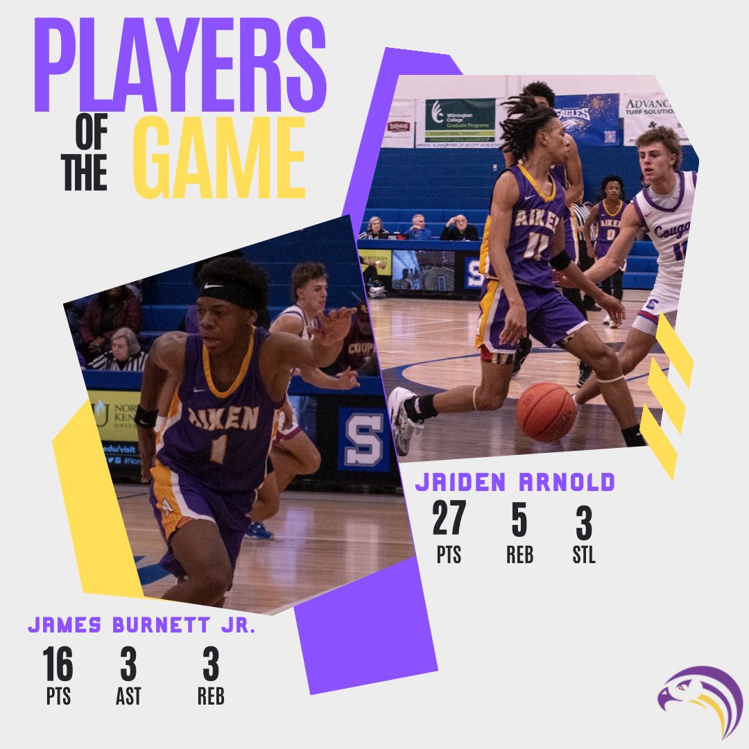 Tonight we have ✌️ Prime Time Performers who led the charge to help the Falcons capture the Victory tonight against a tough Cooper team! 

Jaiden Arnold and James Burnett Jr. Combined for 43 points as they helped Aiken move on to 5-1 on the season!

#Swoop #StayHungry  🟣🟡🏀