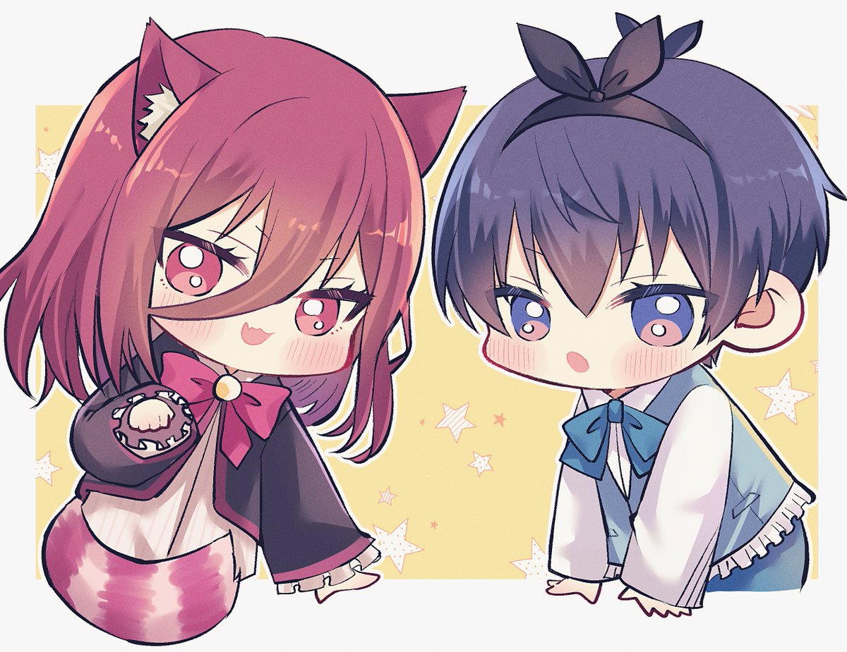 1girl 1boy animal ears red hair blue eyes red eyes chibi  illustration images