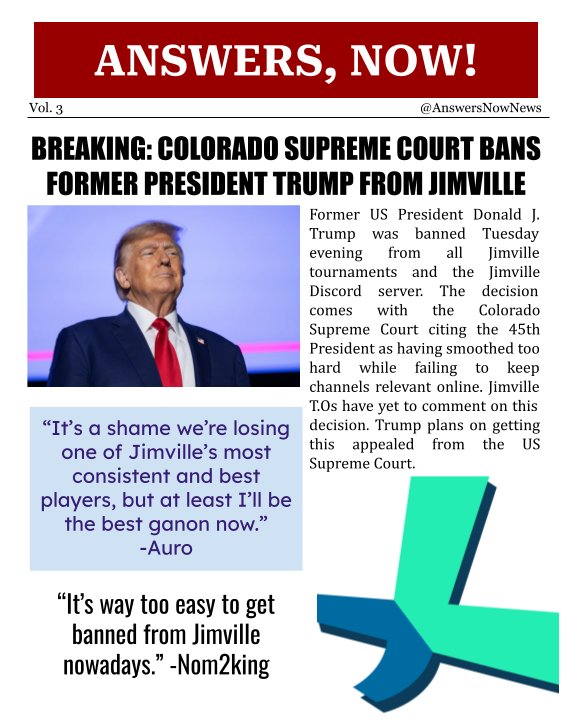 Answers, Now! (@answersnownews) on Twitter photo 🚨THIS JUST IN: <a href="/realDonaldTrump/">Donald J. Trump</a> has been BANNED from all Jimville tournaments after a controversial decision by the Colorado Supreme Court. 🚨THIS JUST IN: <a href="/realDonaldTrump/">Donald J. Trump</a> has been BANNED from all Jimville tournaments after a controversial decision by the Colorado Supreme Court.