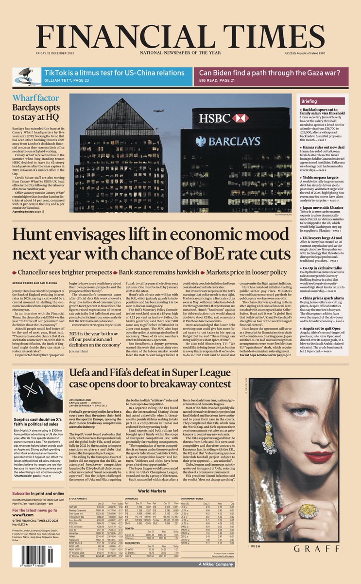 🇬🇧 Hunt Envisages Lift In Economic Mood Next Year With Chance Of BoE Rate Cuts ▫Chancellor see brighter prospects ▫Bank stance remains hawkish ▫Markers price in looser policy ▫@GeorgeWParker @Sam1Fleming 🇬🇧 #frontpagestoday #UK @FT