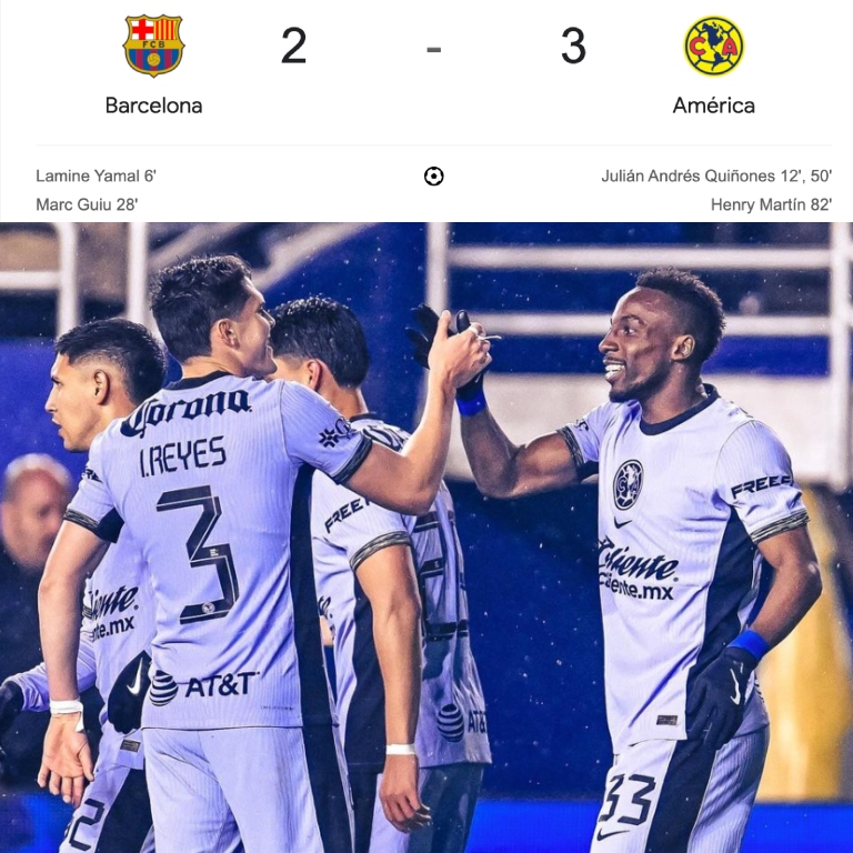 ¡¡EL FC BARCELONA CERRÓ EL AÑO PERDIENDO CONTRA EL MÁS GRANDE DE MÉXICO!! RESULTADO. FC Barcelona 2-3 América. El actual campeón de la Liga MX venció al Barça en un duelo amistoso celebrado en Estados Unidos. Los americanistas venían enfiestados, mientras que los culés…