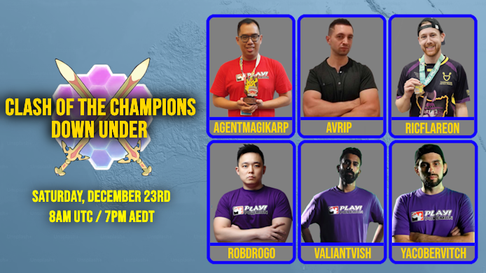 TOMORROW! Clash of the Champions goes Down Under at 8am UTC / 7pm AEST! 🐨🇦🇺

Every <a href="/playpokemon/">Play! Pokémon</a> Aussie Champion is here to compete, so be sure to tune in to see the insane talent on display!!!

💻 twitch.tv/PvPSteve7
🎙️ <a href="/PvPSteve1/">PvP Steve</a> <a href="/debbiepebble/">🌸 debbiepebble 🌸</a> <a href="/FishOnAHeater_/">FishOnAHeater</a> <a href="/Stumpy_2517/">Stumpy2517 (Ryan)</a>