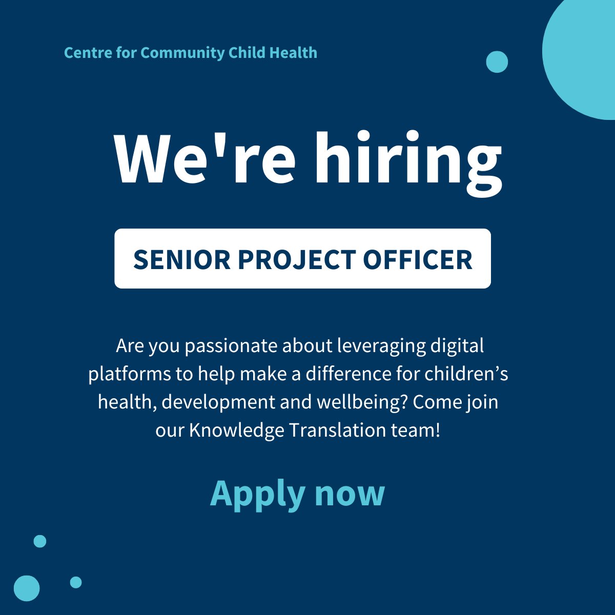 We're #hiring! The Centre for Community Child Health is seeking a dynamic and skilled Senior Project Officer to join the Knowledge Translation team in leading our website redevelopment and help advance the impact of the Centre's project groups. Apply now: bit.ly/48p3lz7