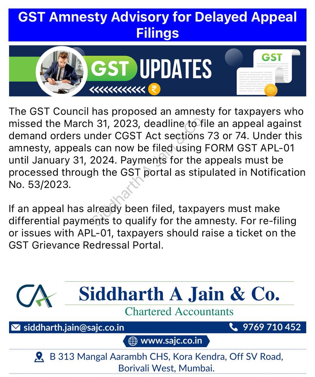 The GST Council has proposed an amnesty for those who missed the Mar 31, 2023 deadline to file an appeal against demand. Appeals can now be filed until Jan 31, 2024.

#gst #gstupdate #gstamnesty #gstlaw #gstindia