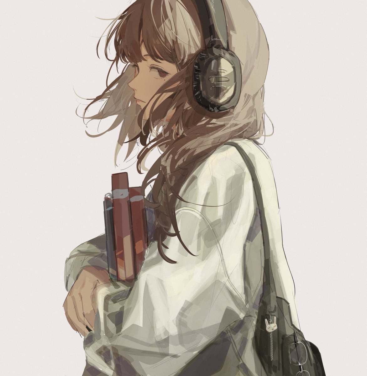 1girl solo headphones brown hair book bag simple background  illustration images