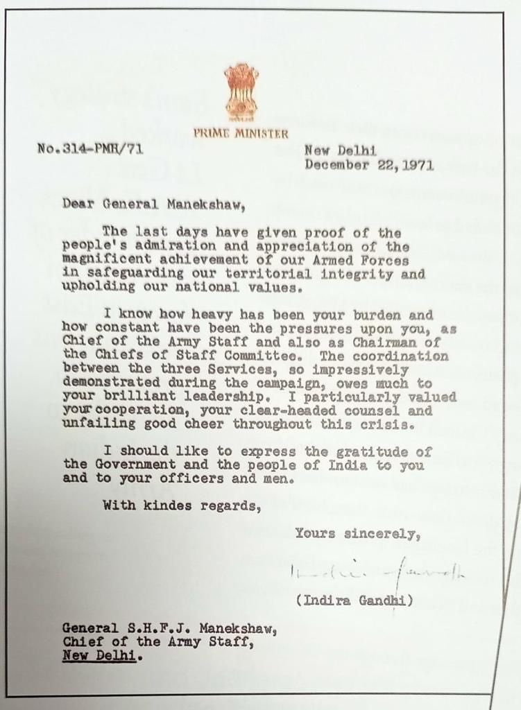 PM Smt Indira Gandhi’s letter to the then Army Chief General Sam Manekshaw, after the historic victory in the 1971 War. A true leader knows that it is the entire team that wins, and knows when to be large-hearted and not take sole credit. On this day all of India salutes both