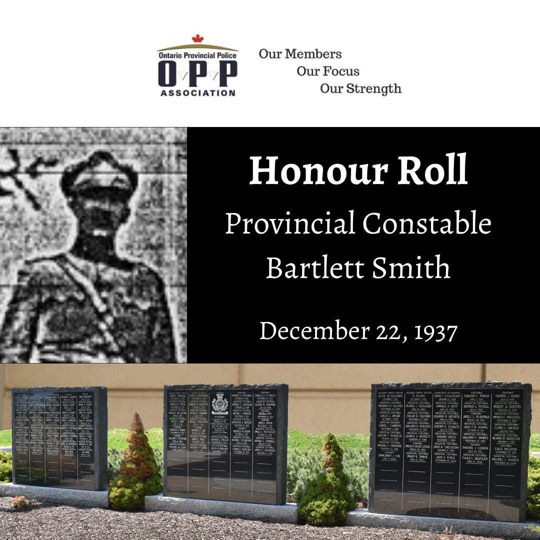 OPP Provincial Constable Bartlett Smith died in the line of duty at Stamford Centre, near Niagara Falls, Ontario on December 22, 1937 when his police motorcycle struck a tree after a funeral escort detail. His service and sacrifice is always remembered. #HeroesInLife