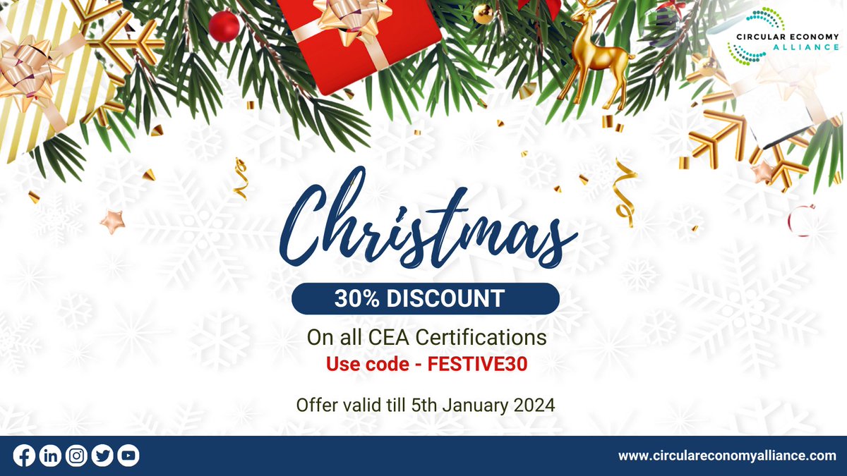 We are delighted to offer you an opportunity to enhance your commitment to #circularity. 

🎄Get 30% off #Christmasdiscount on all Circular Economy Certification programs. 
Use code- FESTIVE30 

Together, let's create a greener and more prosperous future. circulareconomyalliance.com