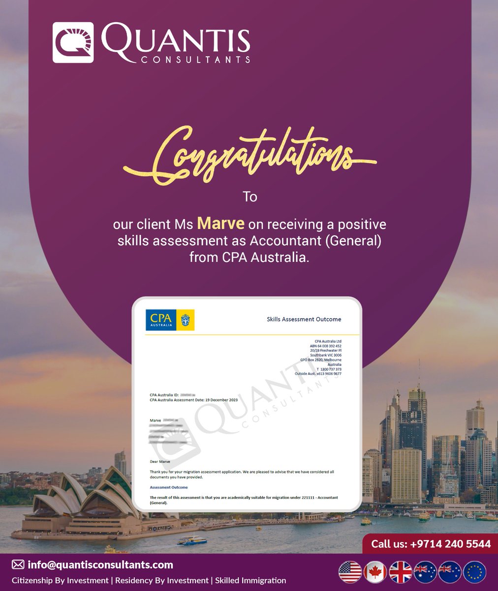 QuantisUAE's tweet image. Congratulations to our client Ms Marve on receiving a positive skills assessment as Accountant (General) from CPA Australia.

Call us at: 📲+971 4 240 5544 
📩info@quantisconsultants.com 
or visit: bit.ly/3jKNd2O

#Quantisconsultants #immigration  #visa #immigrants