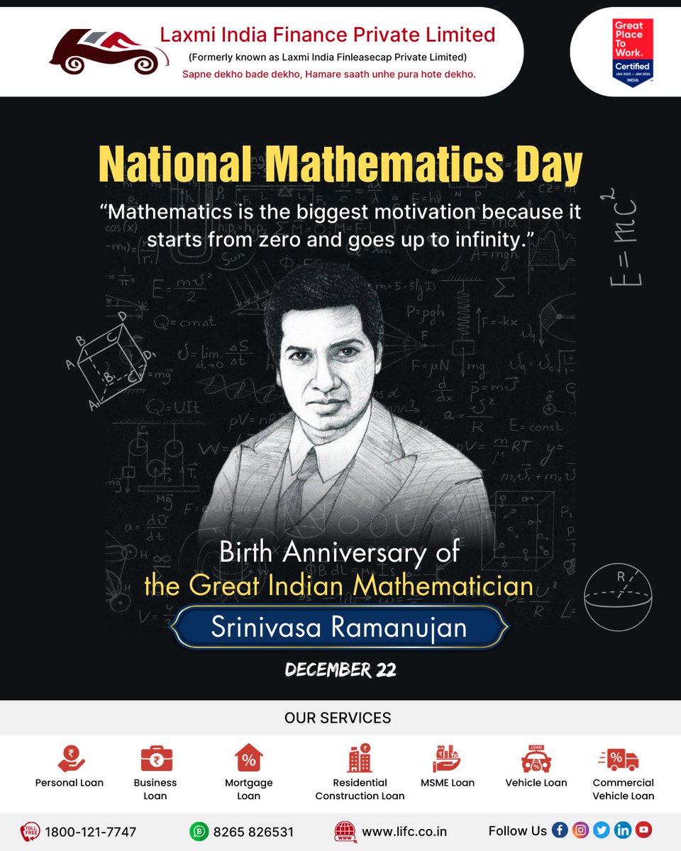 #NationalMathematicsDay
Mathematics is the best thing in this world because it is true and logical.”
#laxmiindiafinance #LaxmiIndia #LaxmimMitra #extraincomeopportunity #earnmoneyonline #referrals #ReferNow #ReferNEarn #ShareNEarn