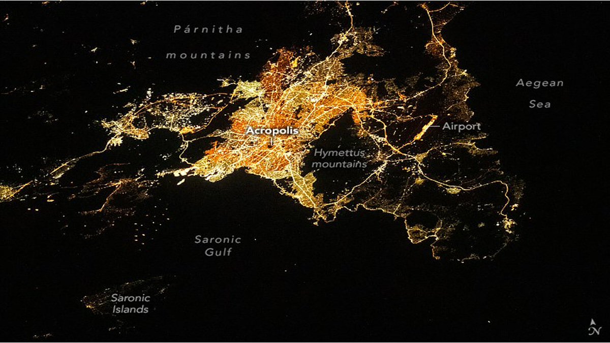 📌ATHENS AT NIGHT ✅An astronaut aboard the International Space Station took this nighttime photograph of Athens, the capital city of Greece. The city lies on the complex coastline of the Attica Peninsula in Southern Greece. Streets meander through the city like illuminated…