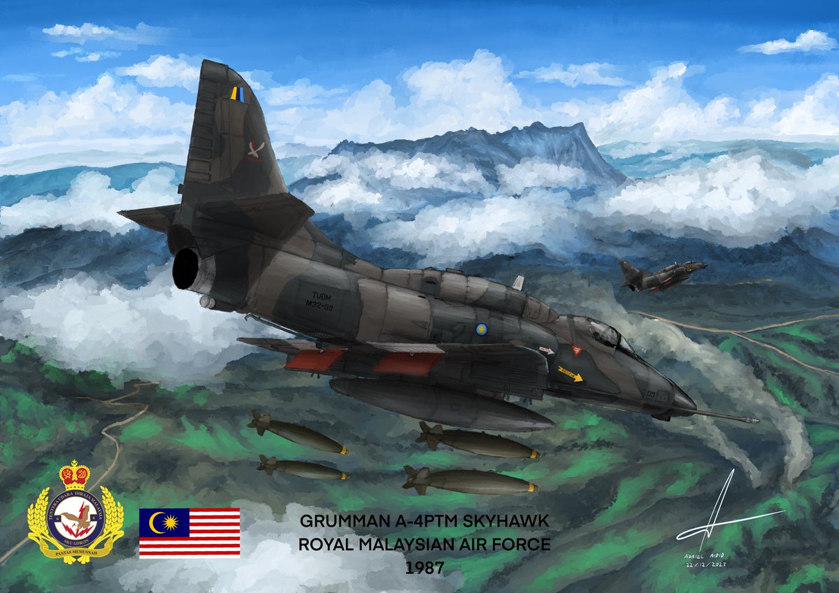 Grumman A-4PTM Skyhawk of the Royal Malaysian Air Force, 1987
Media: Procreate
Artist: by myself

#fyp #onlineart #digitalart #malaysia #angkatantenteramalaysia #aviation #military #militaryaviation #aviationart #history #coldwar #1980s