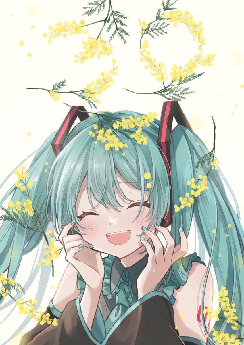 hatsune miku 1girl solo twintails long hair closed eyes detached sleeves flower  illustration images