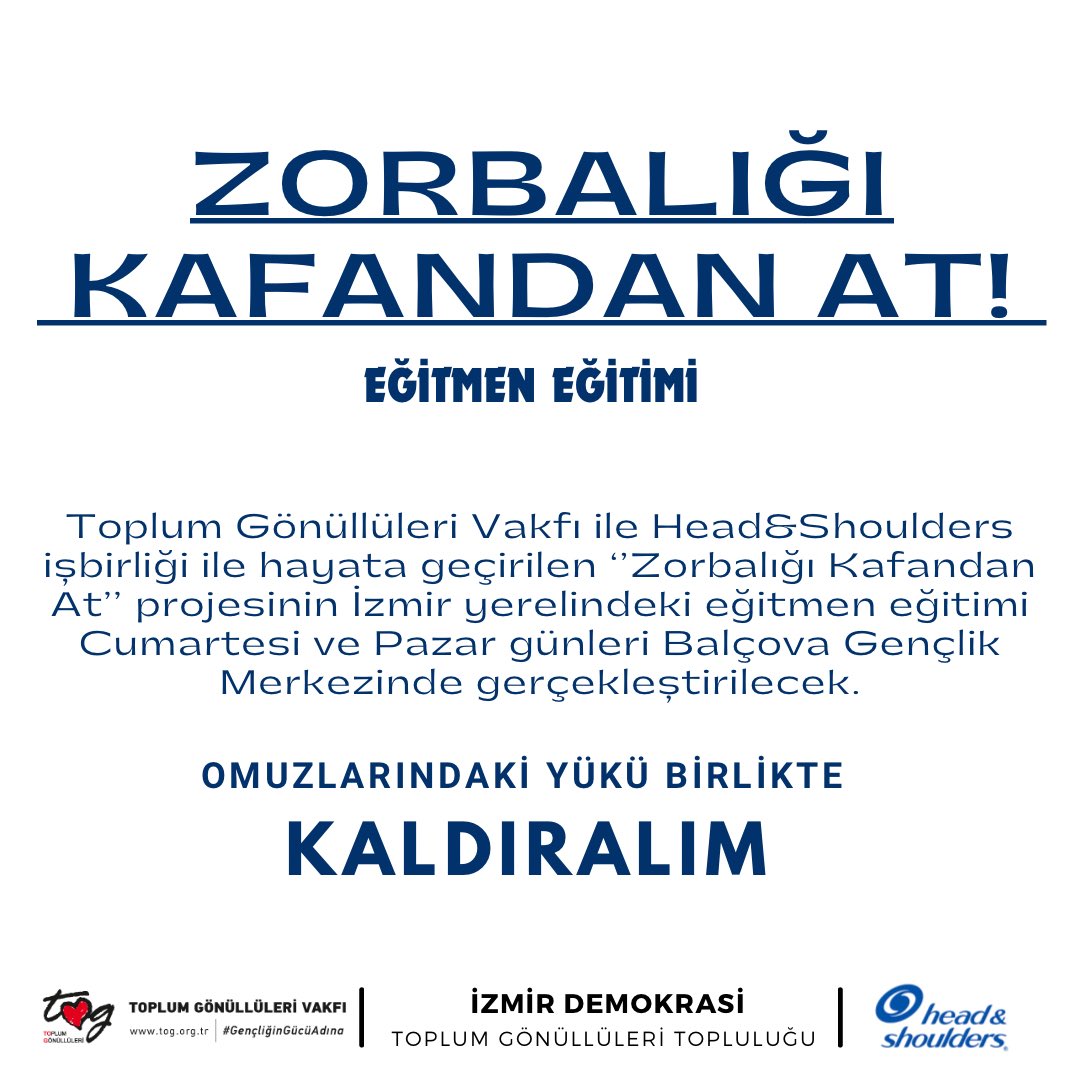 İzmir Demokrasi Toplum Gönüllüleri Topluluğu (@demokrasitog) on Twitter photo Çok heyecanlıyız🤩 beklenen o gün neredeyse geldi🥰 yarın ‘Zorbalığı Kafandan At’ projesinin eğitmen eğitimini Balçova Gençlik Merkezinde başlıyor🫶🏼
Eğitimler haftasonu cumartesi ve pazar günü olarak iki gün sürecek.
<a href="/togvakfi/">Toplum Gönüllüleri Vakfı</a> @togsaha | #ZorbalığıKafandanAt Çok heyecanlıyız🤩 beklenen o gün neredeyse geldi🥰 yarın ‘Zorbalığı Kafandan At’ projesinin eğitmen eğitimini Balçova Gençlik Merkezinde başlıyor🫶🏼
Eğitimler haftasonu cumartesi ve pazar günü olarak iki gün sürecek.
<a href="/togvakfi/">Toplum Gönüllüleri Vakfı</a> @togsaha | #ZorbalığıKafandanAt