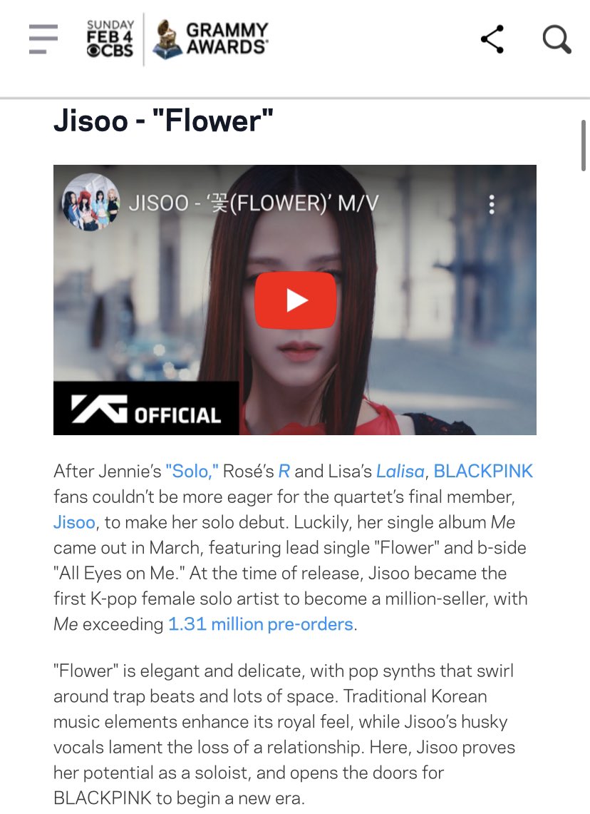 GRAMMYs listed #FLOWER by #JISOO as one of the 15 K-pop songs that took 2023 by storm: “'FLOWER' is elegant and delicate, with pop synths that swirl around trap beats and lots of space. Traditional Korean music elements enhance its royal feel, while Jisoo’s husky vocals lament…