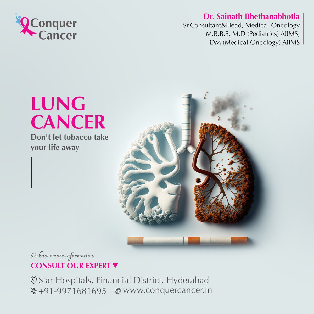 Don't let tobacco take your life away. Together, we fight against lung cancer to bring hope, awareness, and support. Join us in the battle for a tobacco-free future. 
conquercancer.in
#ConquerCancer #CancerPrevention #HealthierLifestyle #CancerAwareness