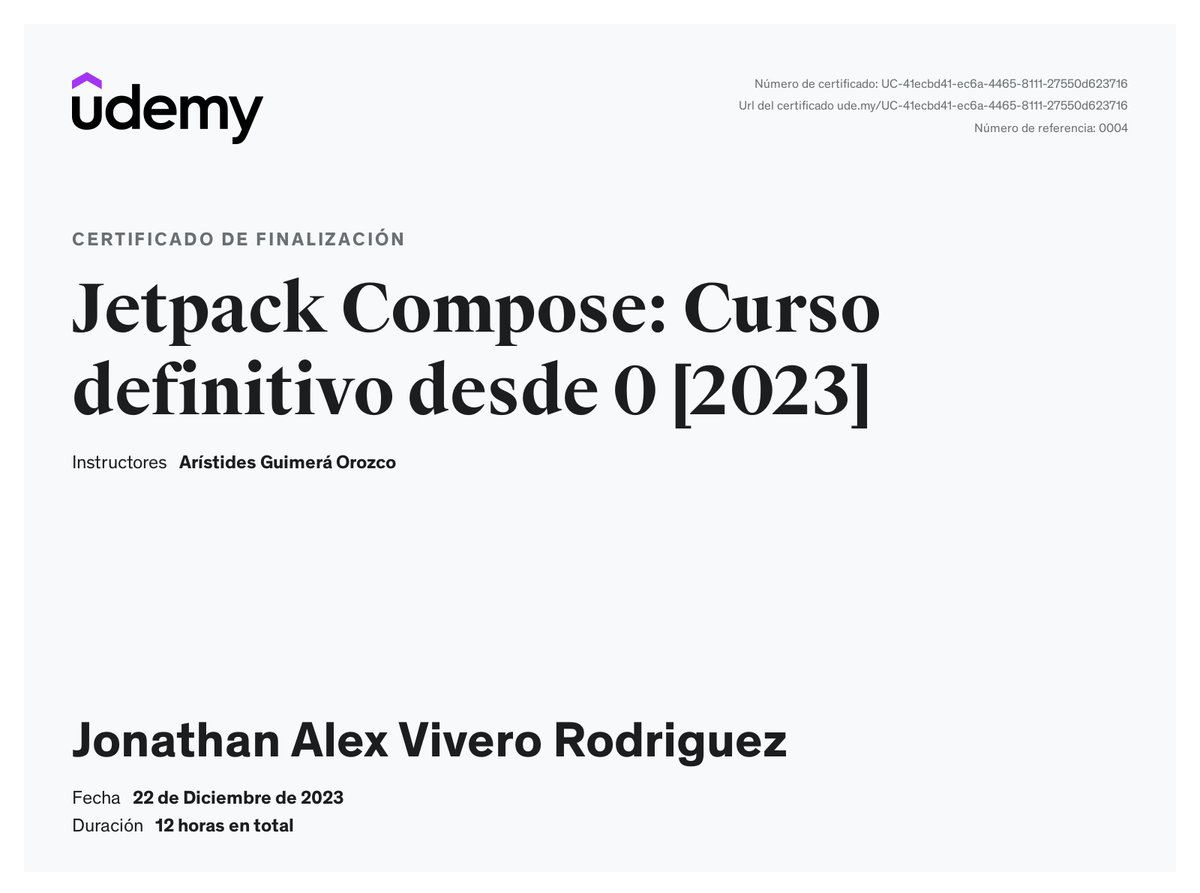jonvirodev's tweet photo. ¡Emocionado de compartir que he completado con éxito el curso de #JetpackCompose de @AristiDevs . A pesar de posponerlo por meses debido a mi trabajo, finalmente lo he logrado. Pero esto no es el final, ¡Se vienen el desarrollo de más apps! 🚀📱

#AndroidDev https://t.co/7DSTTXBRCu