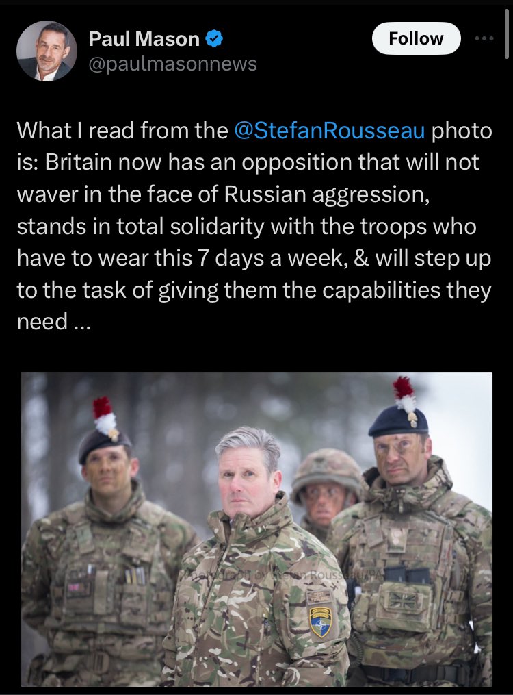Tweeting from spiceworld, Paul informs us that Putin is now fucked because someone has handed Sir Keir a camouflage jacket to pretend he’s in the army. FAFO lol. Sure he’s bricking it mate