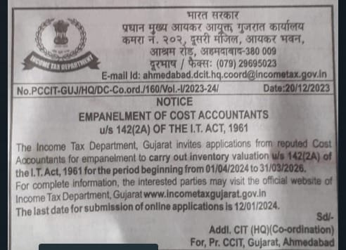 AdarshCma's tweet photo. Congratulations to @ICMAICMA fraternity, the ball has started rolling, Advertisement issued for  Empanelment of Cost Accountants #CMA to carry out inventory audits u/s142 (2A) of Income Tax Act, 1961 for Gujarat https://t.co/gzJuB4NhQH