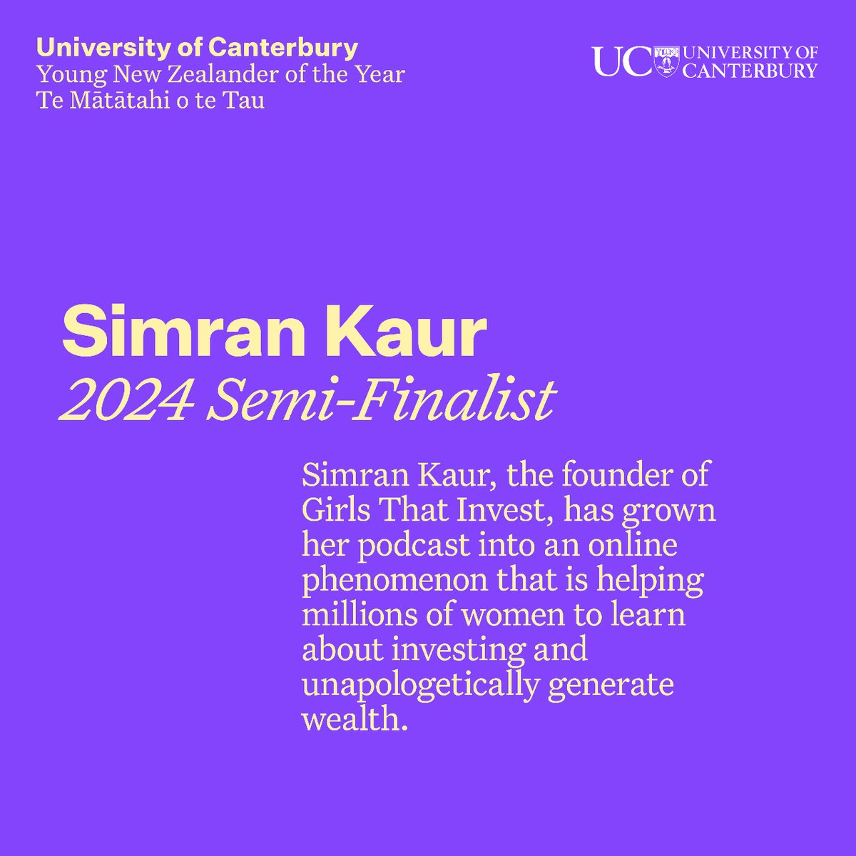 2024 <a href="/UCNZ/">University of Canterbury</a> Young New Zealander of the Year Semi-Finalist Simran Kaur, founder of <a href="/girlthatinvest/">Kara Shaw</a>, is helping millions of women to learn about investing and generating wealth. 💸

Learn more about Simran and all 70 of your Semi-Finalists via the link in bio!